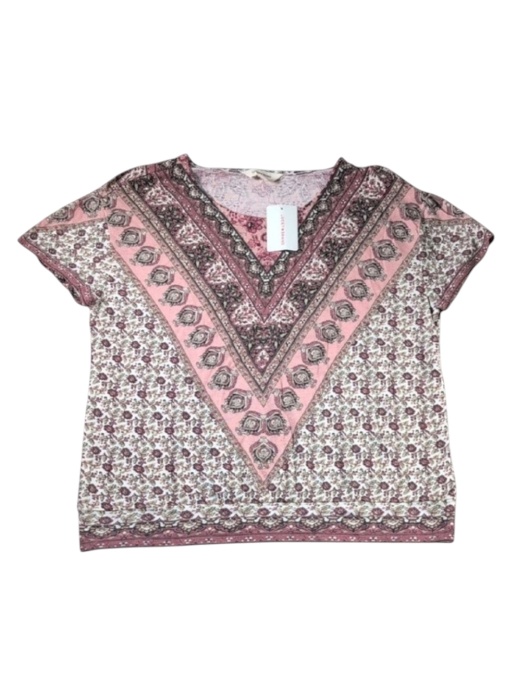 Lucky Brand V-Neck Short Sleeve Tee in Rose Colored Print Size Small